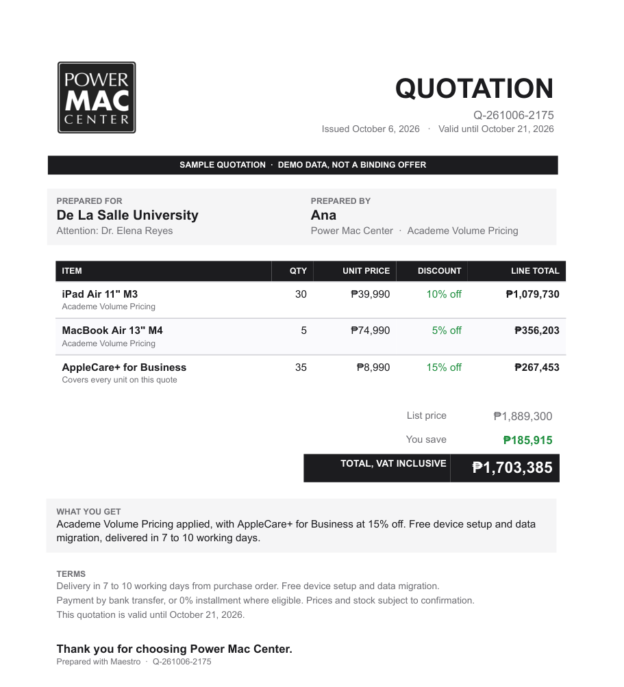 Sample Power Mac Center quotation for De La Salle University